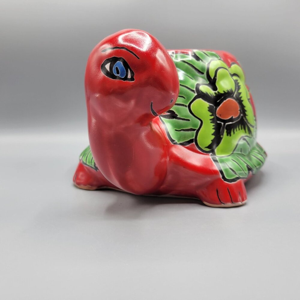 Mexican Talavera Turtle Planter Pot Hand Painted Ceramic Colorful Floral Design